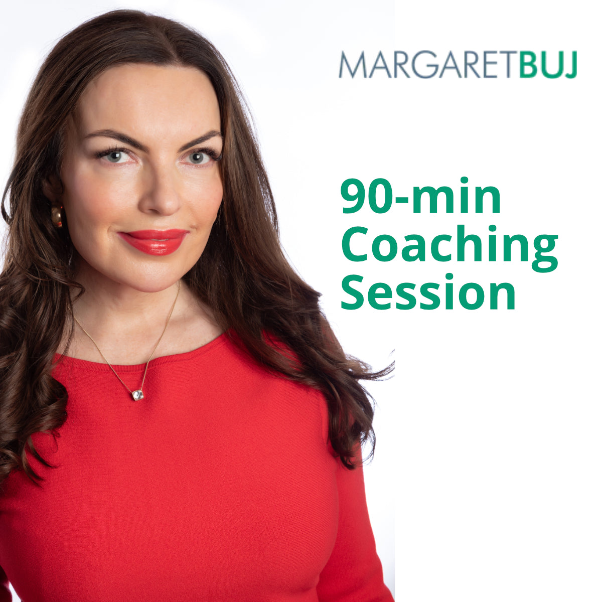 A professional woman in a red dress, smiling and looking at the camera, with text overlay that reads 2h Coaching Session' and the brand name 'MARGARETBUJ'.