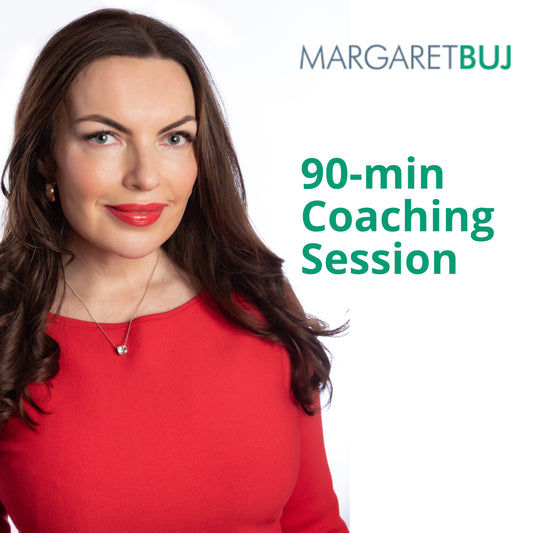 A professional woman in a red dress, smiling and looking at the camera, with text overlay that reads 2h Coaching Session' and the brand name 'MARGARETBUJ'.